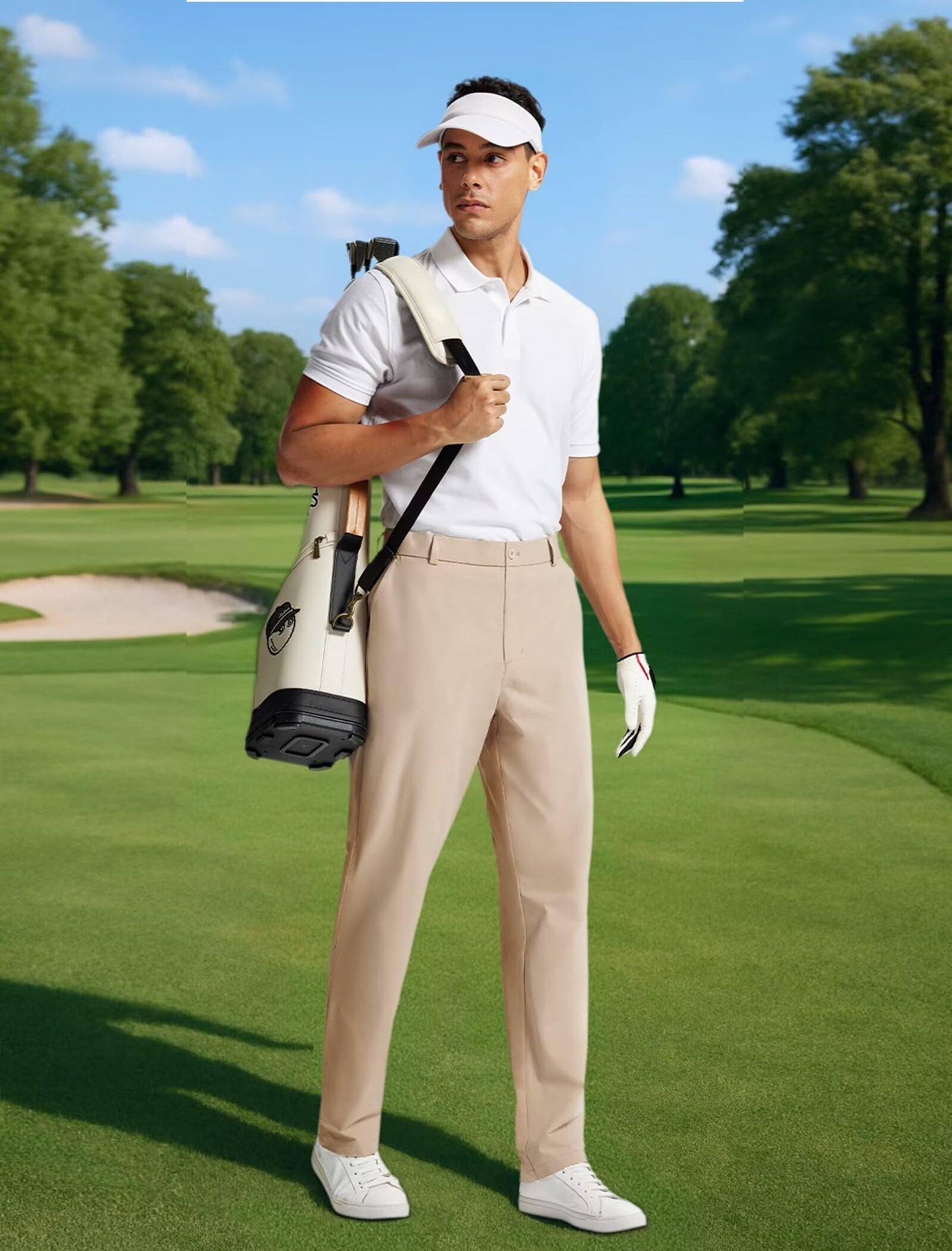 MoFiz Men's Golf Pants Quick Dry Stretch Dress Work Pants 30"/32"/34" Casual Comfy Lightweight Trousers with Pockets (34Wx32L) Khaki