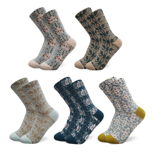 HOMSSEM Floral Crew Socks – 5Pair Flower Graphic Soft Cotton Socks for Women, Teen Girls – for Sandals, – Cute Vibrant Colors (16 Flower)