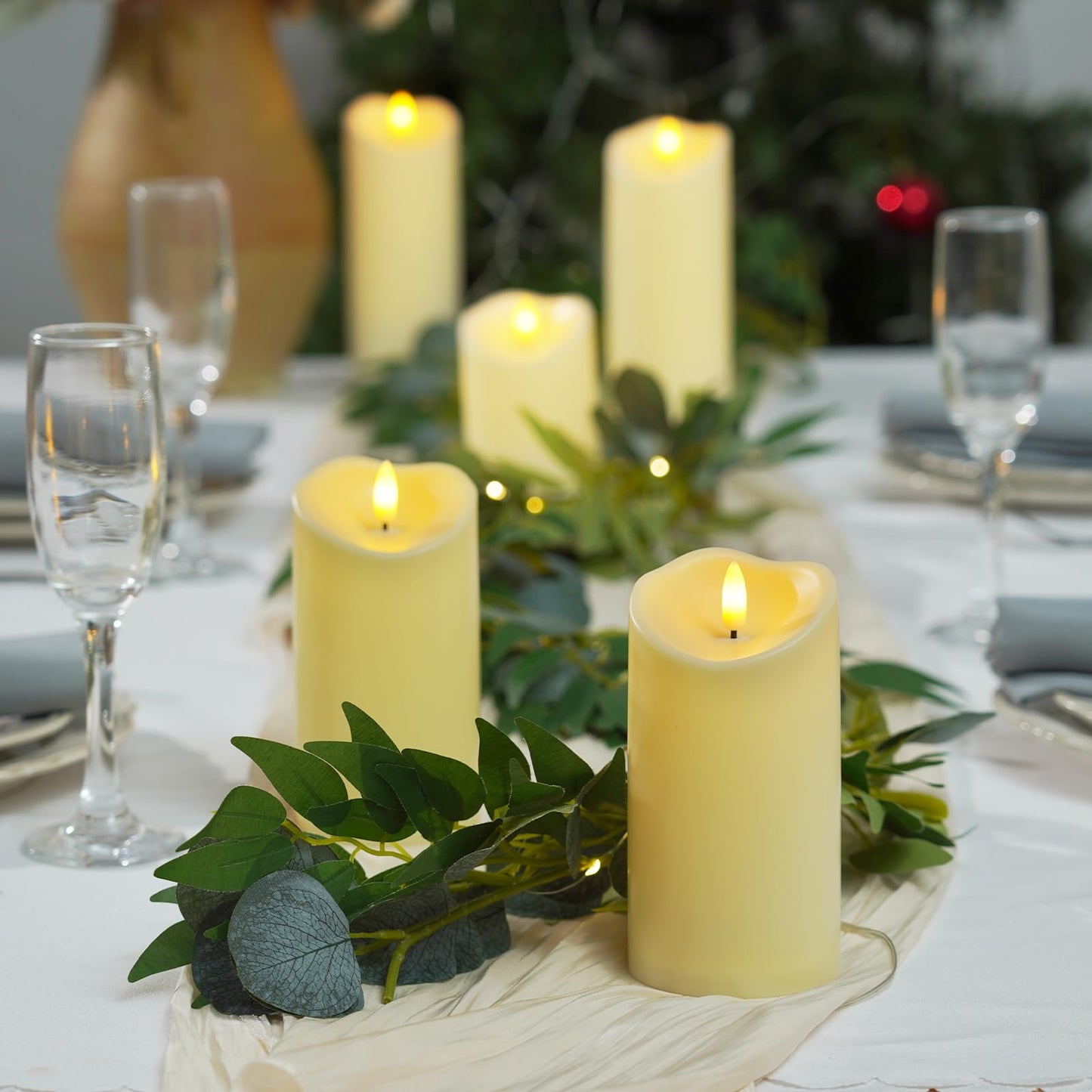 Raycare 6"x3" Outdoor Waterproof Flameless Candles, Battery Operated LED Candles with Remote Control and Timer, Electric Fake Plastic Pillar Candles, Dark Ivory, Set of 2