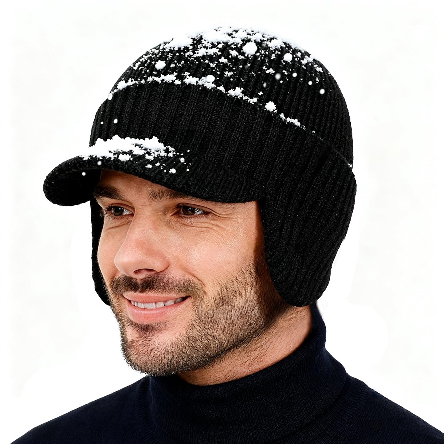 M/L/XL/XXL Waterproof Merino Wool Brim Beanie for Men with Ear Flap, Outdoor Warm Fleece Lined Knit Winter Hat for Big Heads