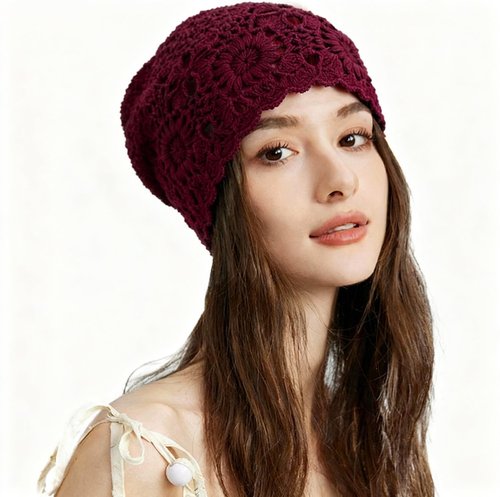 Hshsclth 100% Cotton Crochet Beanie Hat Handmade Knit Slouchy Floral Skull Hat Knitted Openwork Summer hat for Women (Dull Red)