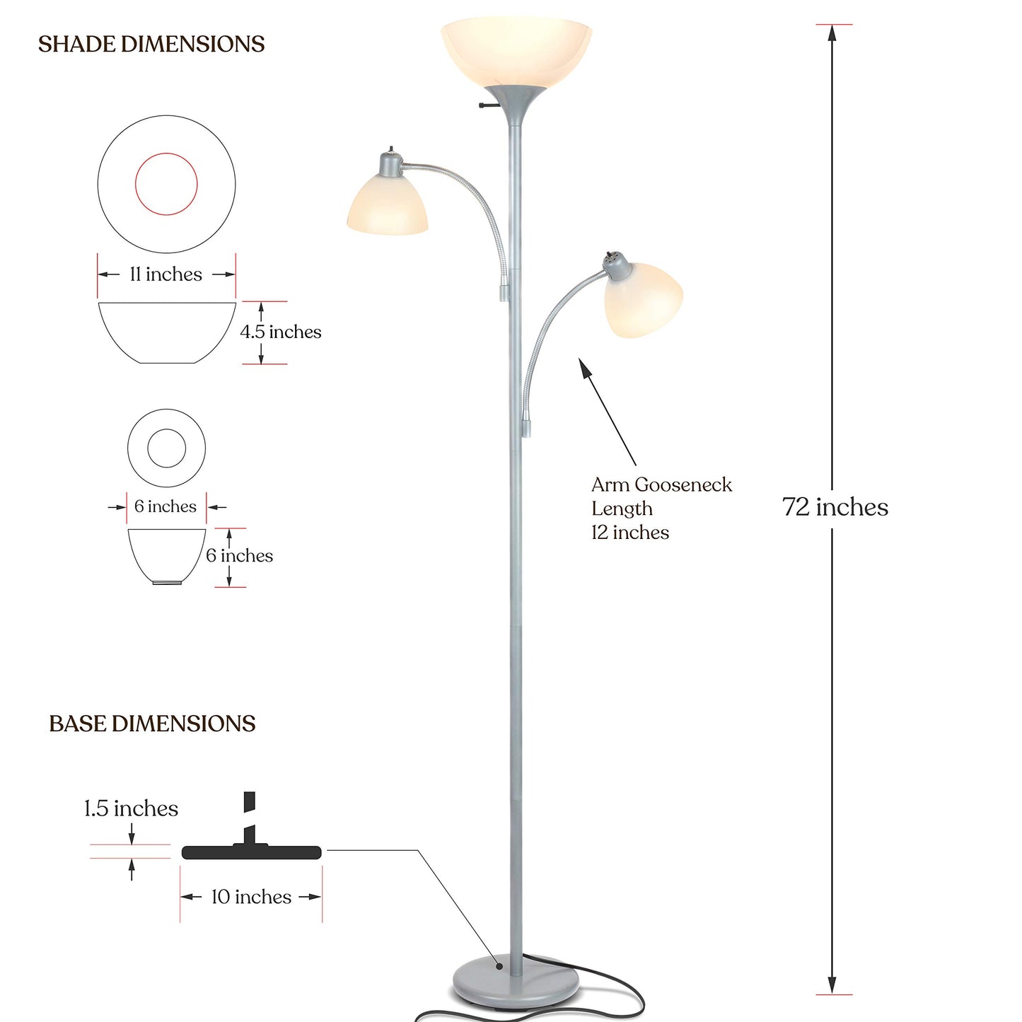 Brightech Sky Dome Double LED Floor lamp, Torchiere Super Bright Floor Lamp with 2 Reading Lamps for Living Rooms & Offices - Dimmable Tall Standing Lamp for Bedroom Reading - Tall Silver Pole