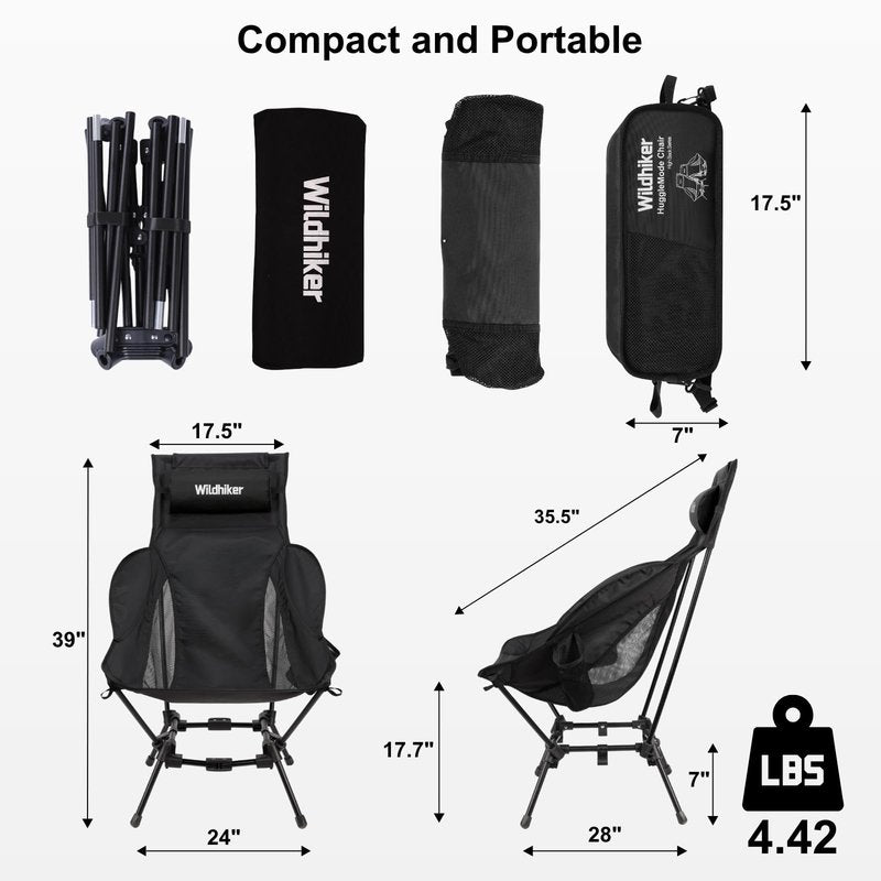 Wildhiker Compact High Back Camping Chair - Foldable with Dual Sitting Modes, Pillow, Arm Pads and Side Pockets - Lightweight Portable Chair for Motorcycle, RV, Festival, Travel - Black