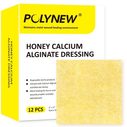 Polynew Manuka Honey Calcium Alginate Dressing, 12 Individual Pack, 2"x2" Patches, Wound Dressing with Calcium Alginate, Bandages for Burns, Faster Wound Care