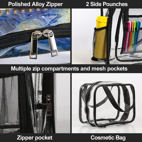 forstree 2 Pieces Heavy Duty Clear Backpack, Black PVC Waterproof Transparent Bag With Cosmetic Bag, See Through Book Bag With Lunch Bag