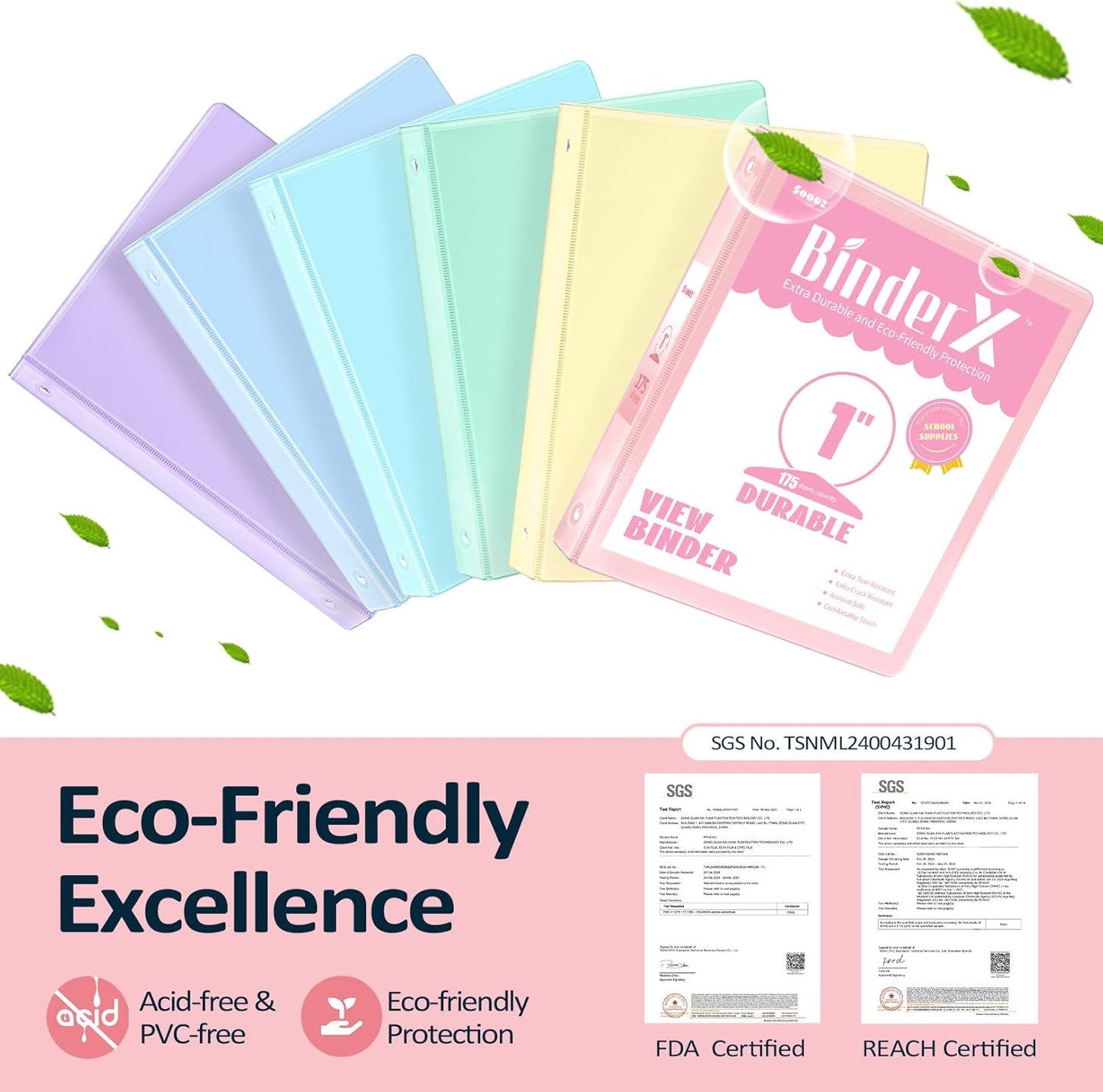 Sooez 1" Three Ring Binders - Extra Durable 6 Pack with Clear View Cover & Pockets | Pastel Colors for School & Office