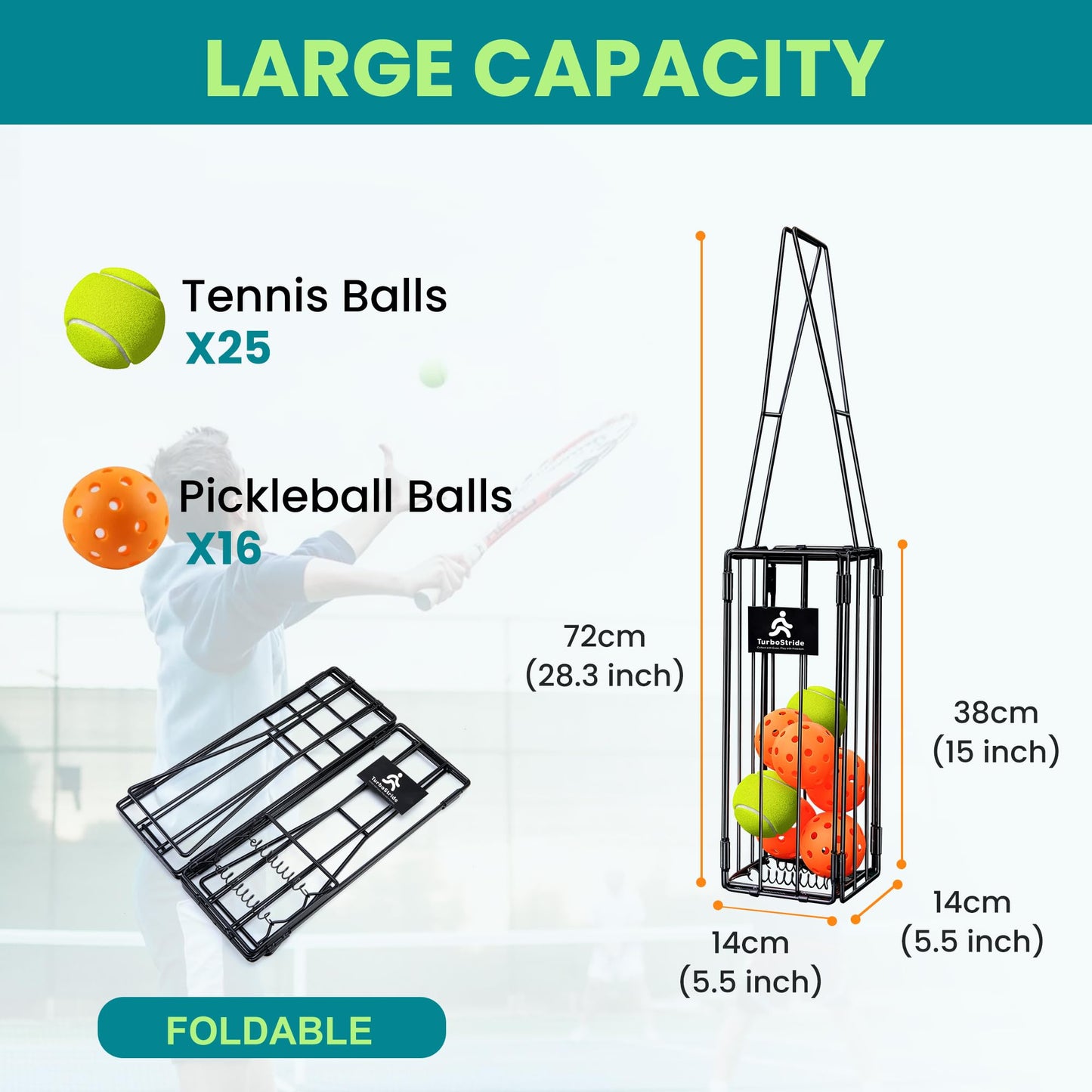 TurboStride Tennis Ball Hopper, Portable Pickleball Ball Basket for Pickup, Storage & Training (Medium)