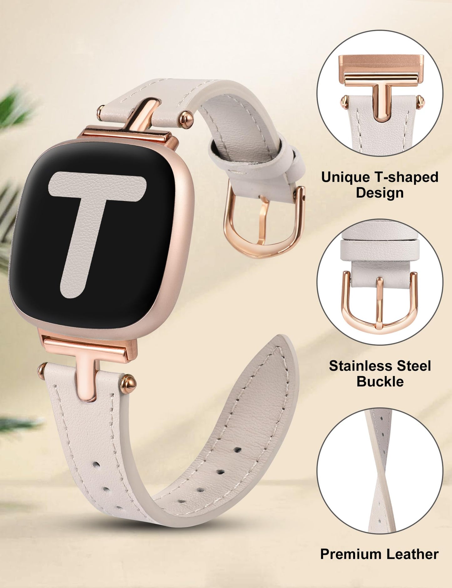 Wearlizer Leather Band Compatible with Fitbit Versa 4 Bands for Woman/Versa 3/Sense 2/Sense Bands Women, Dressy Designer T-Shape Metal Buckle Leather Strap