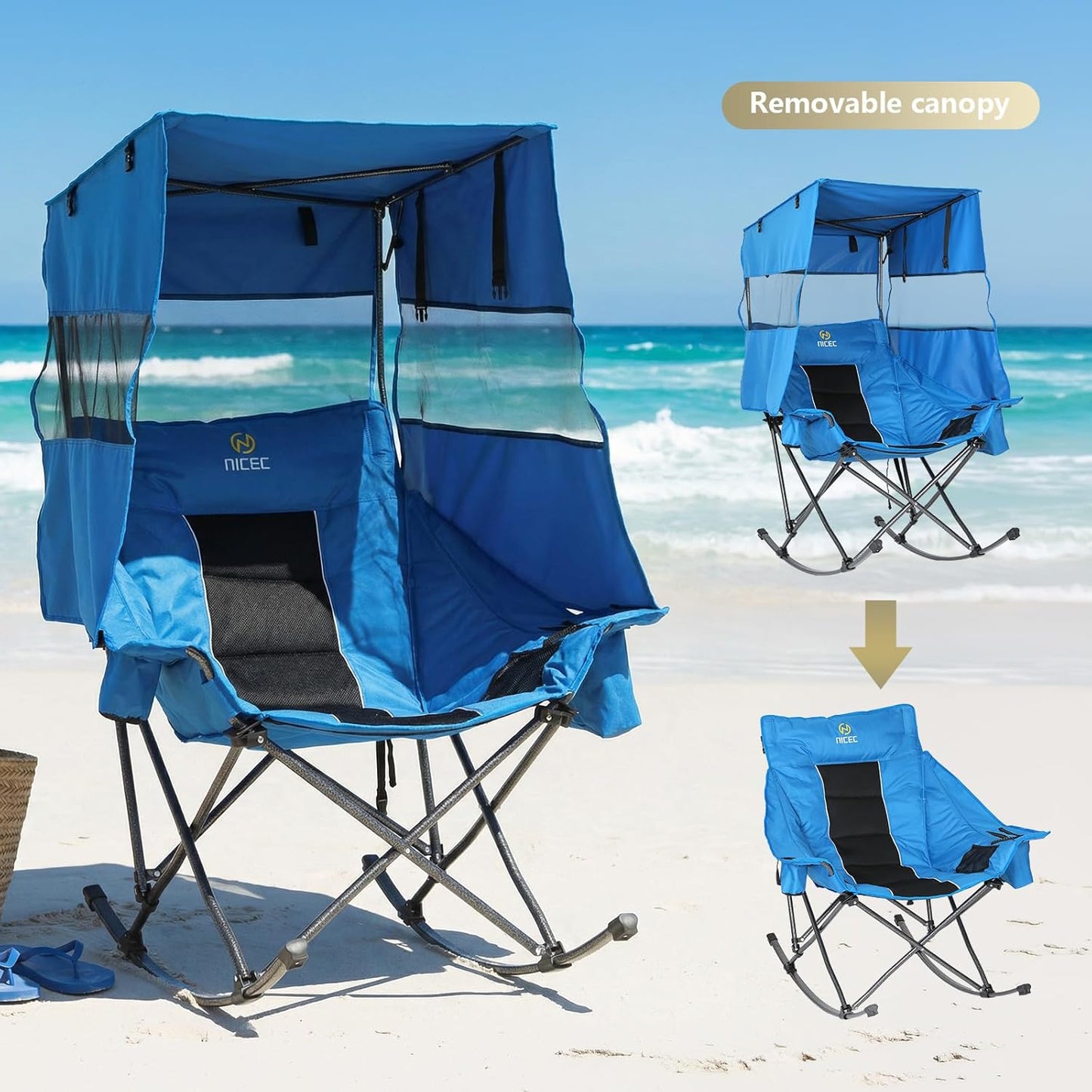 Nice C Rocking Camping Chair - XL Oversized Folding Rocker with Canopy & Cup Holder | Blue