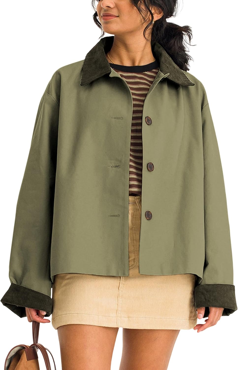 Viefent Women's Crop Trench Coat - Casual Button Down Jacket with Pockets | Army Green, Long Sleeves