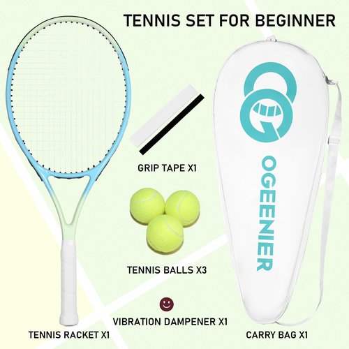 OGEENIER 27" Tennis Racket for Adults, Pre-Strung Tennis Racquet for Beginners, Lightweight and Recreational Rackets with 1 Bag and 3 Tennis Balls