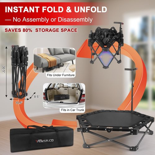 Foldable Mini Trampoline - 42" Rebounder for Adults & Kids | One-Step Fold, 450lbs Max Load, Adjustable T-Bar