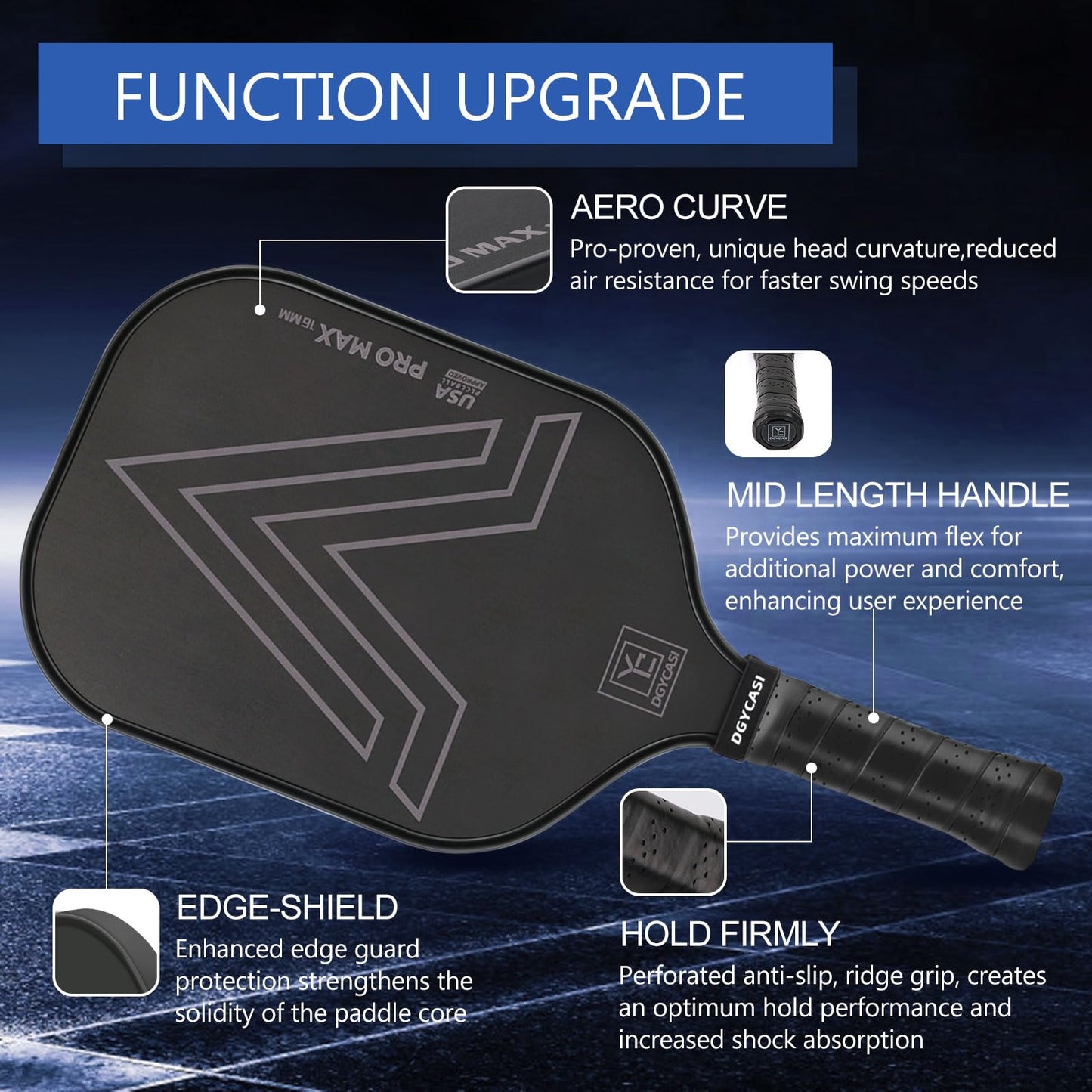 YC DGYCASI 16mm Pickleball Paddles Professional, 2025 USAPA Approved, Carbon Fiber Surface (CFS), Polypropylene Lightweight Honeycomb Core, with Cover Case Black
