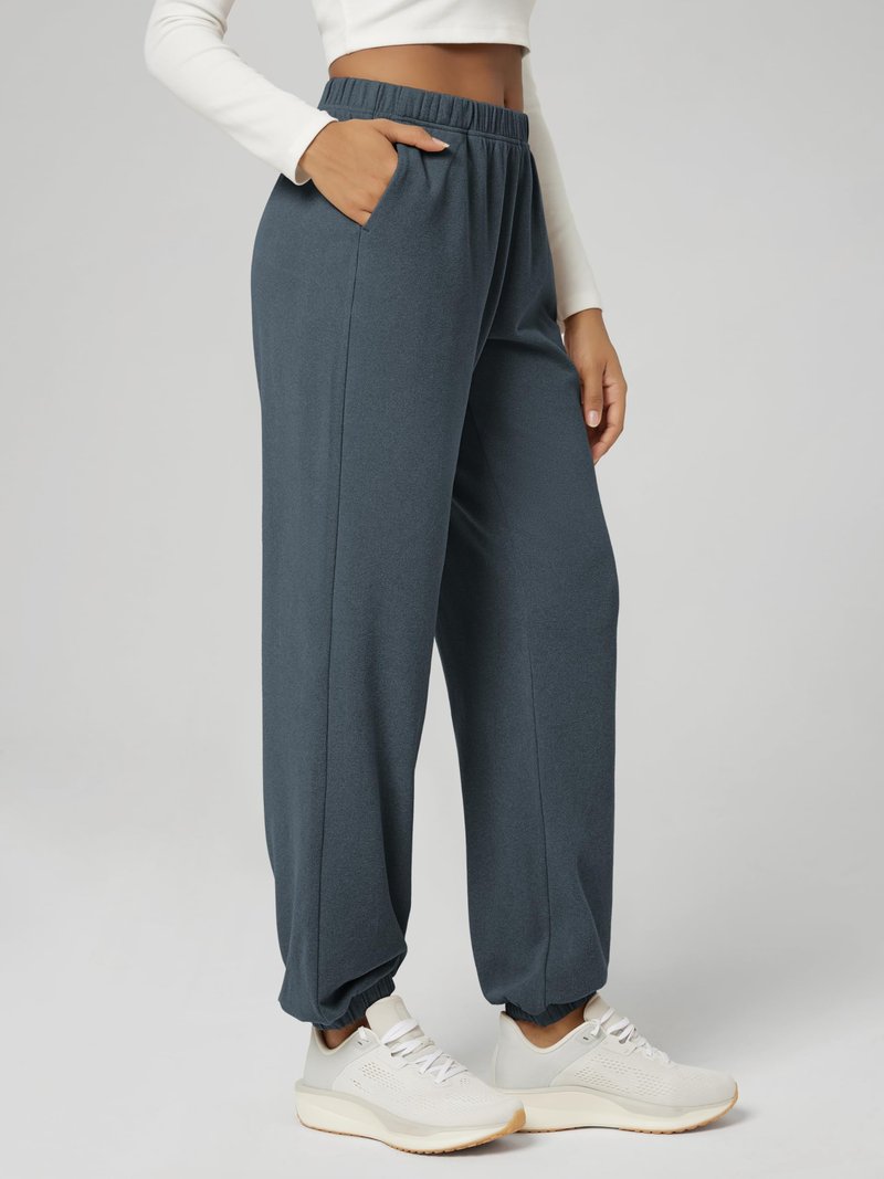 ODODOS Women's Brushed Fleece Jogger Sweatpants – Cozy Warm Adjustable High-Rise Relaxed Lounge Pants with Pockets, Dark Blue Heather, Medium