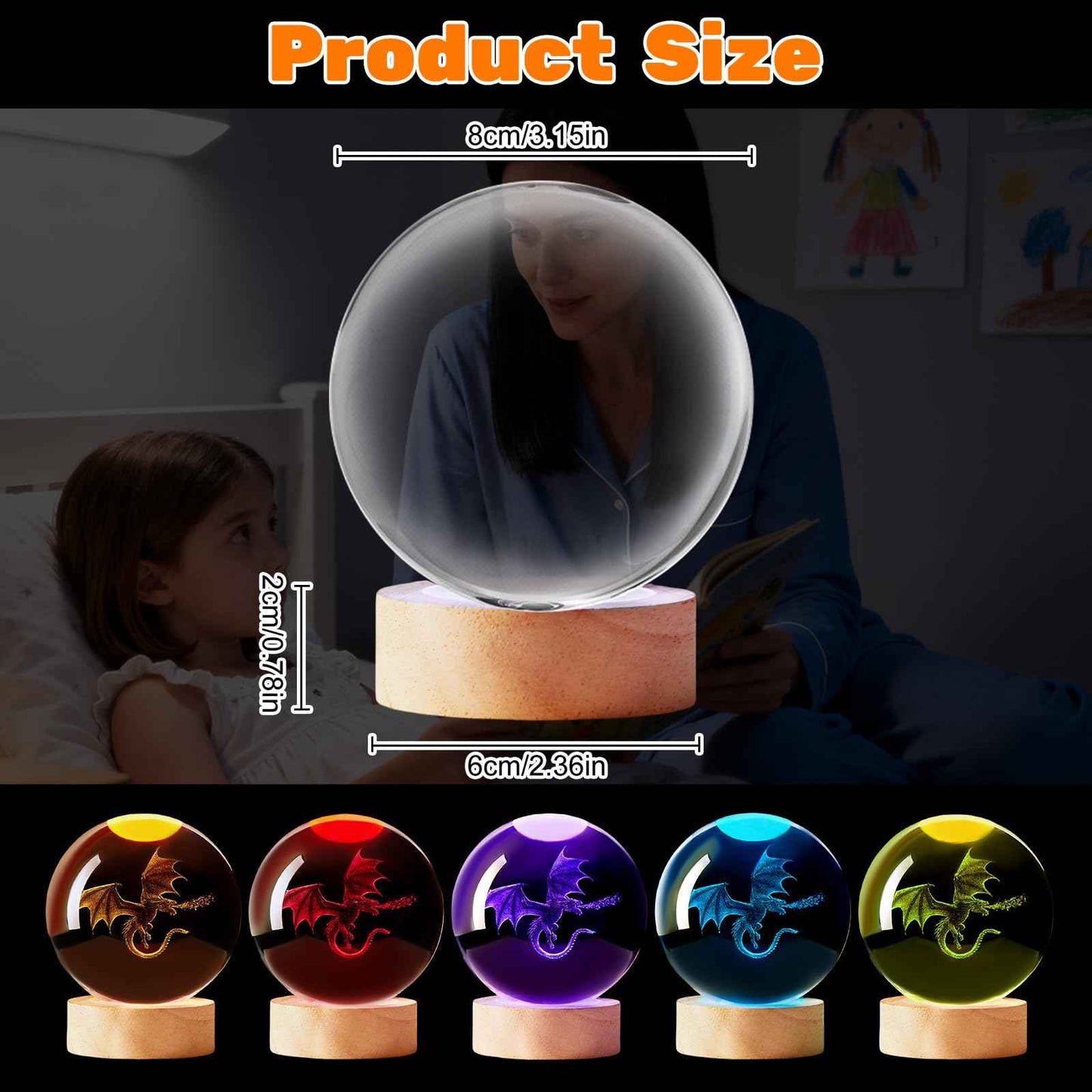 3D Dragon Crystal Night Light, 3.15 Inch Crystal Ball Lamp with Remote 16 Color Change, Dragon Figurines Toy Gifts for Birthday Christmas