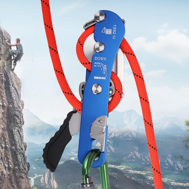 REISIO Climbing Stop Descender for 9-12mm,Self-Braking Self Locking Belay Device Rescue Equipment Hand Controls with Mountain Climbing Cave Rappelling Aerial Work Rescue Activities (Blue)
