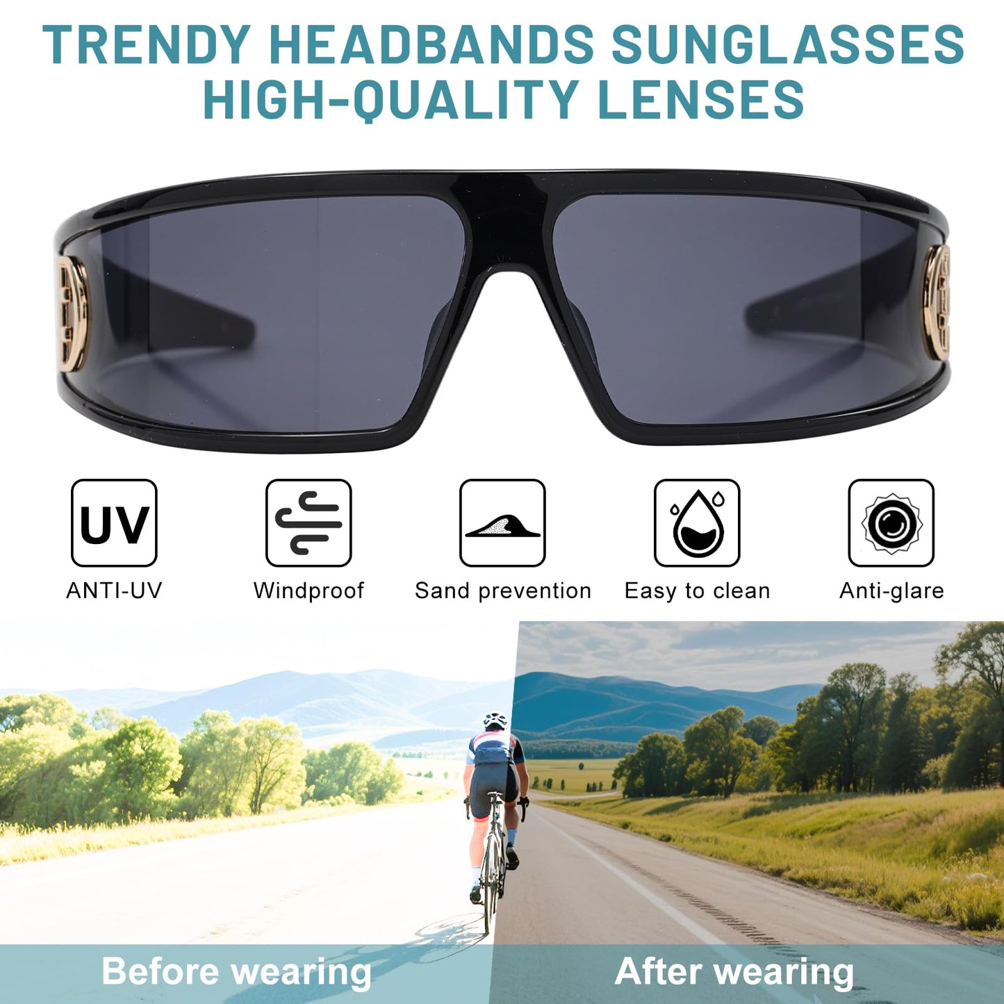 XODITO Fashion Sunglasses for Women, Cool Cycling Sunglasses for Men, Trendy Headband Shades UV400 Protection(Black)