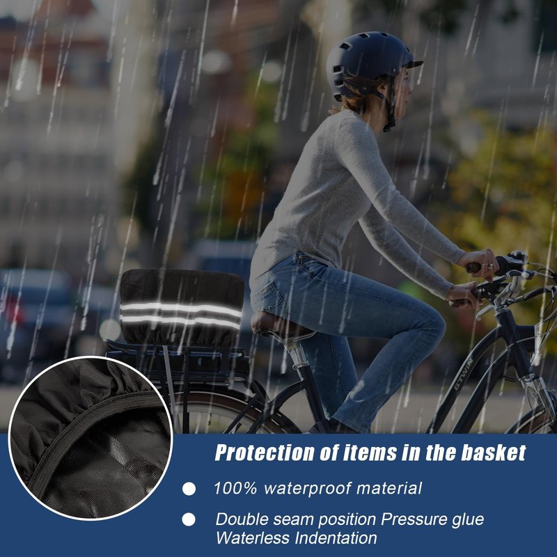 Bike Basket Cover,Bicycle Baskets Liners,Waterproof Rain Liner,18.1x12.5x7.8In,Compatible with Fits Most Baskets,Oxford Cloth,Reflective,Hook,for Basket Protection Lining (Black)
