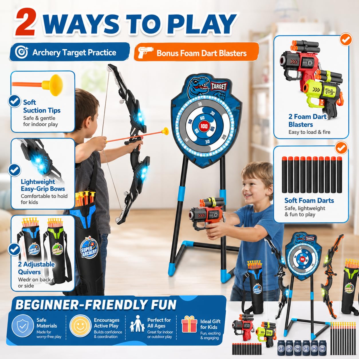 VROGTIK 2 Pack Kids LED Bow and Arrow Set with Standing Target, 20 Suction Cup Arrows, 2 Quivers & Foam Dart Toys, Indoor Outdoor Archery Toy Gift for Boys Girls Ages 3-12