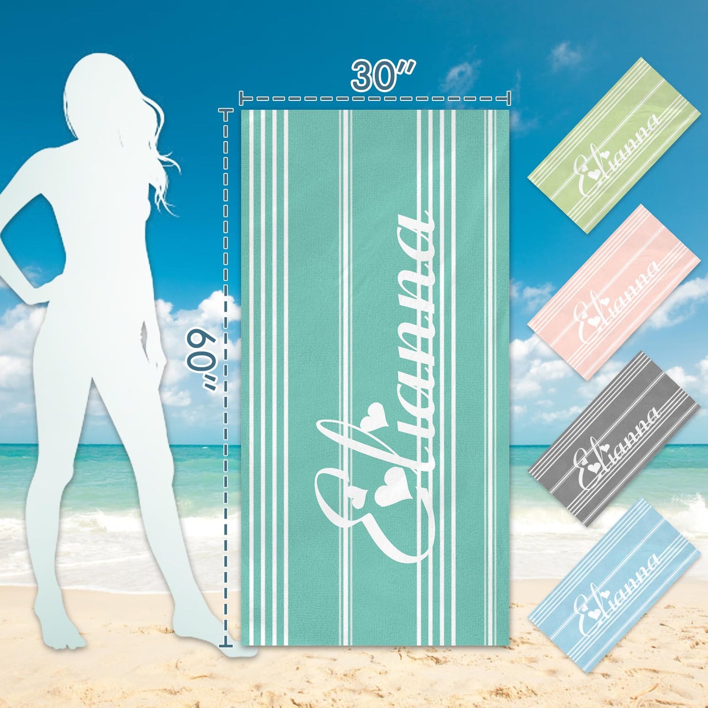 Dreamdecor Custom Beach Towel with Name Striped Kids Personalized Beach Towels for Swimming Pool Vacation Graduation Gifts Microfiber Sand Free Fast Drying Beach Towel for Adults Women Men