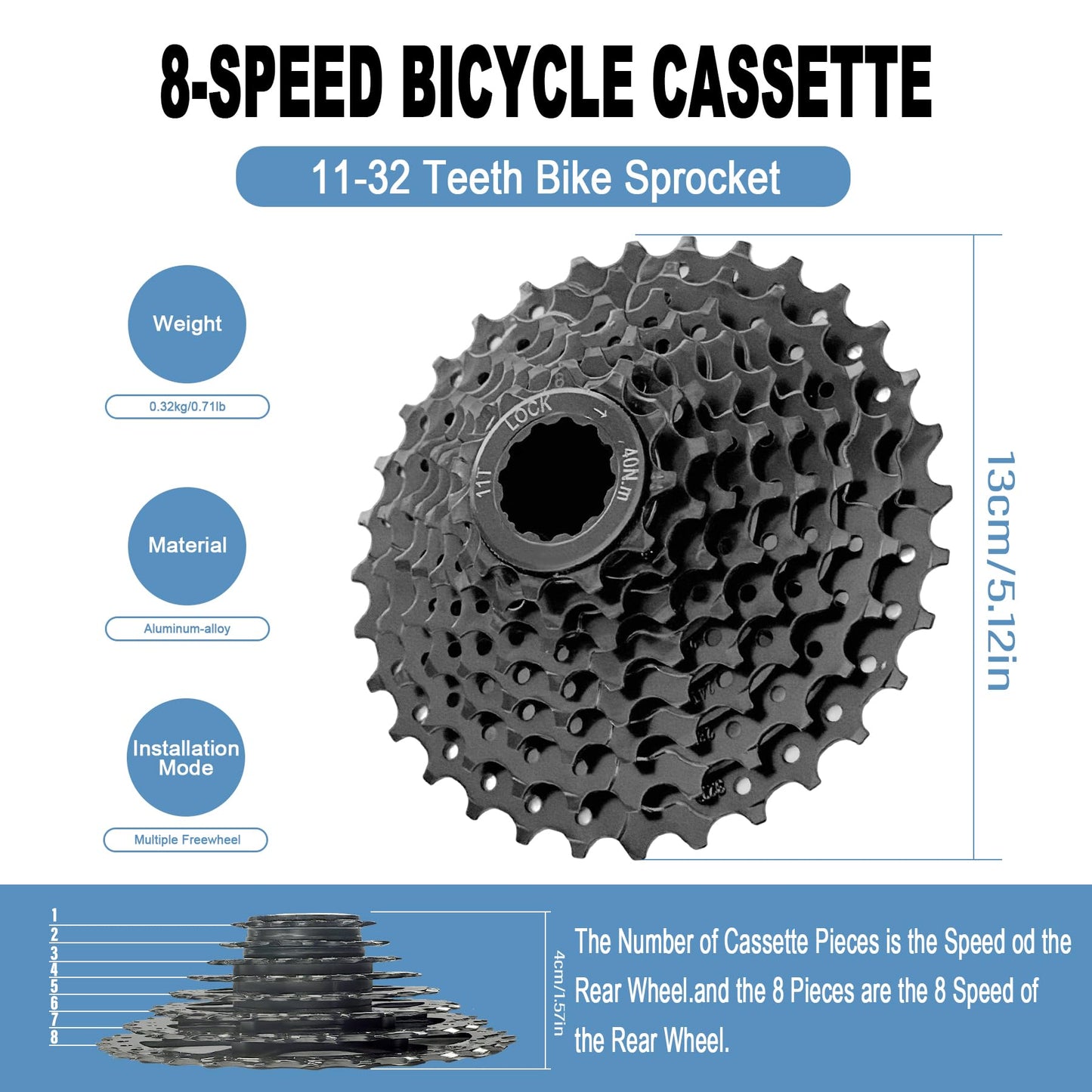 Aikolesa Black Bike Cassette 8 Speed Cassette 11-32T Bike Cassette Sprocket for Mountain Bike Folding Bike