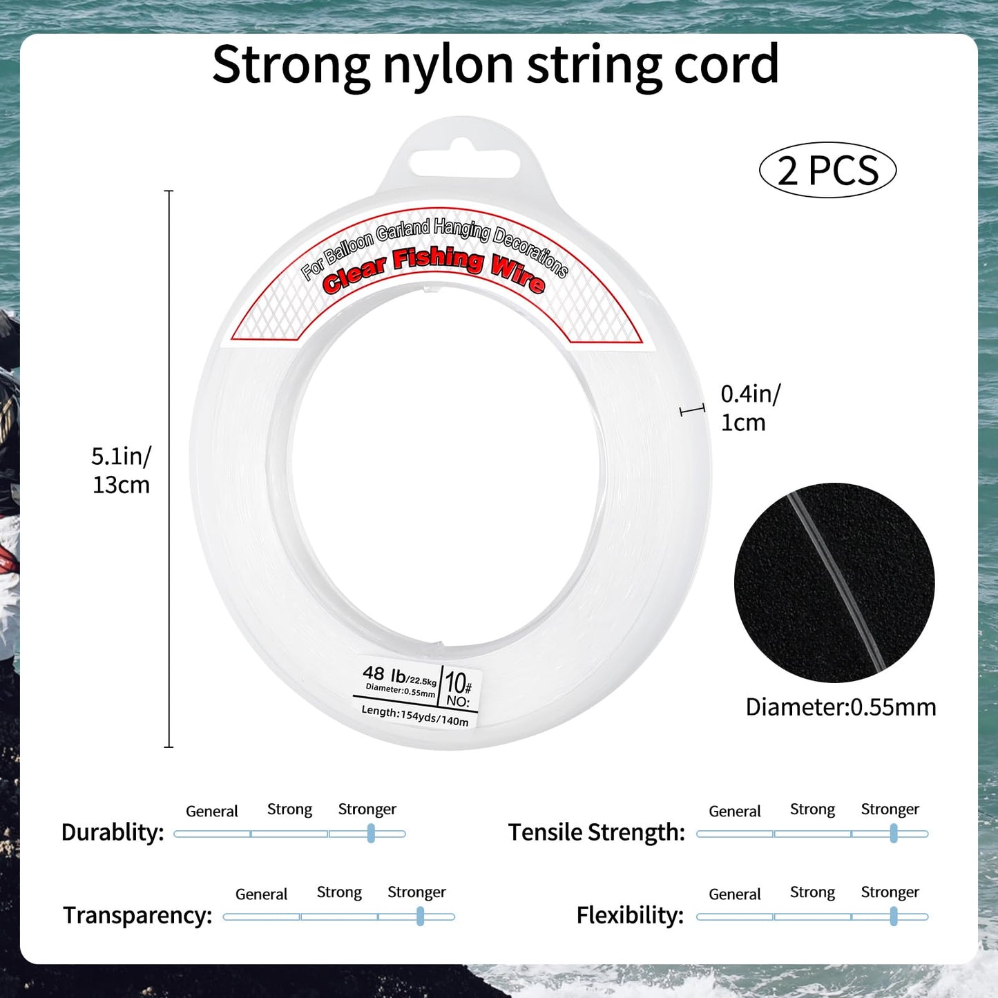 2Pcs Clear Fishing Wire 0.55 mm, 918FT Invisible Fishing Line Wire Nylon String Supports 48 Pounds for Hanging Balloon Garland, Picture, Jewelry Making Beading Threads Cords
