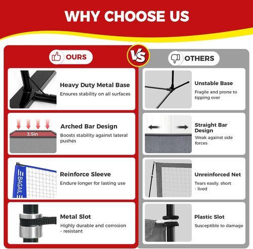BAGAIL Volleyball Net - Portable 12ft/20ft Adjustable Height Set | Heavy-Duty Frame & Carry Bag