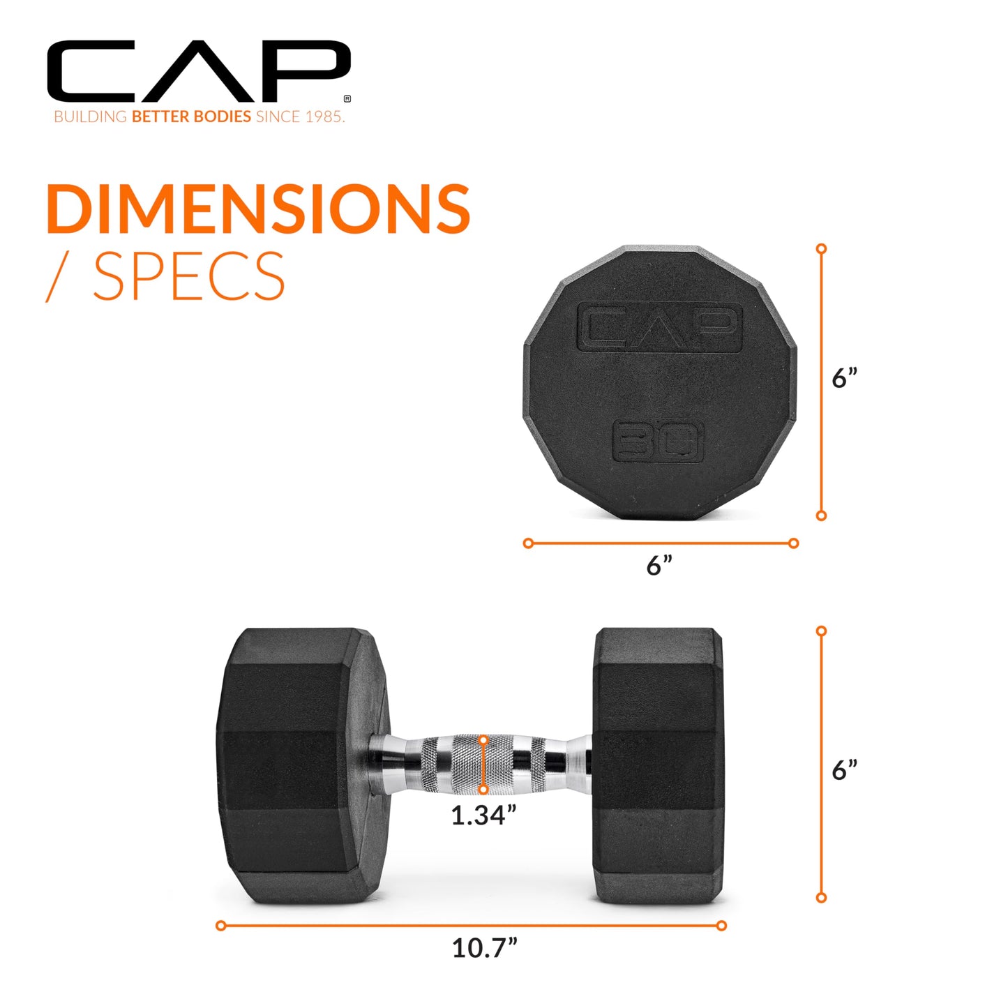 CAP 30lb Rubber Coated 12-Sided Dumbbell, Chrome Grip, Free Weights, Single