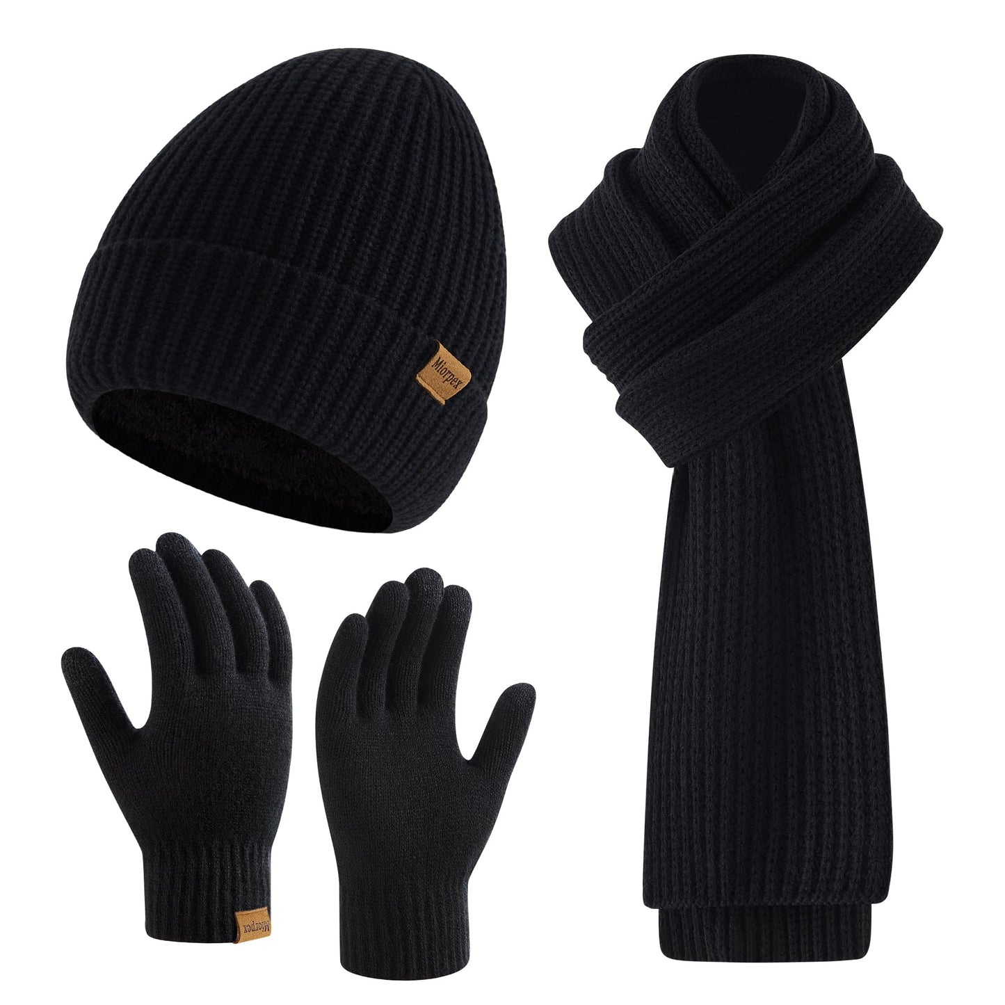 Miorpex Mens Winter Beanie Hat Touchscreen Gloves Long Scarf 3 Set with Warm Fleece Lined Knit Caps Scarves for Men Women Black
