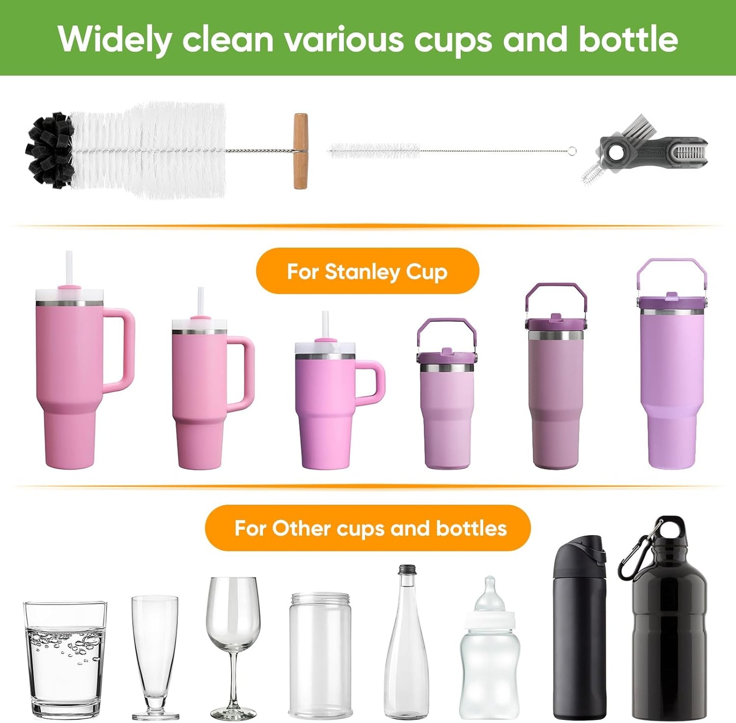 Skiennix 3-Piece Bottle Cleaning Brush Set - Long Wooden Handle for Stanley Cup Tumblers | Includes Lid & Straw Brushes