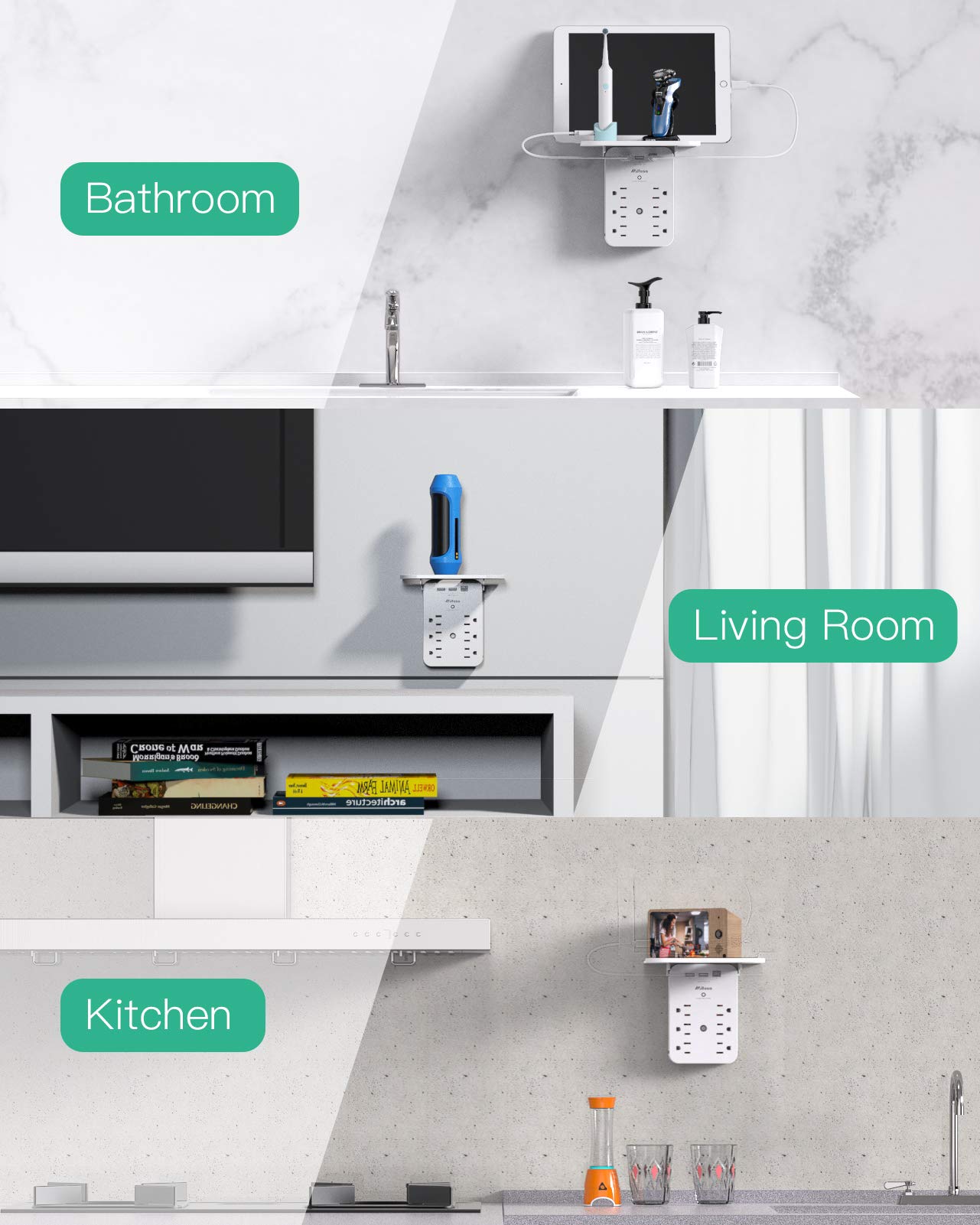 Outlet Extender with Shelf, Mifaso Surge Protector 6 AC Multi Plug Wall Outlets and 3 USB Ports, PD 20W USB-C Charger, Outlet Splitter for Bathroom Home