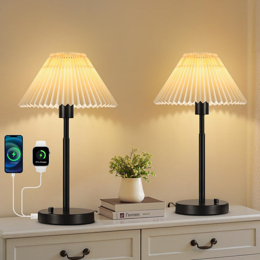 RUIYEY Bedside Table Lamp Set of 2: Dimmable Nightstand Bedside Lamps with USB A and C Ports, Modern Metal and Pleated Fabric Shade Black Desk Lamp for Bedroom Living Room Home Office Reading