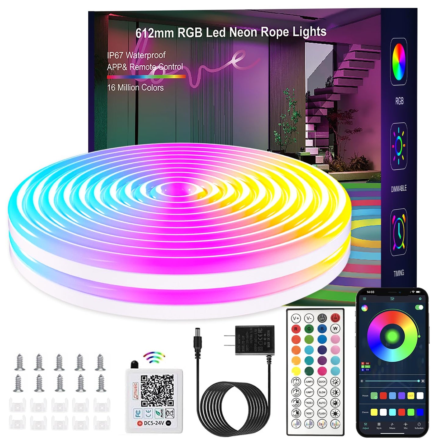 YILINM 16.4FT Neon Rope Lights,RGB LED Strip Lights,App Control,IR Remote,Music Syncing,Outdoor IP67 Waterproof,Flexible Led Rope Lights,Cuttable,for Bedroom,Gaming,Party,Outdoors Decor