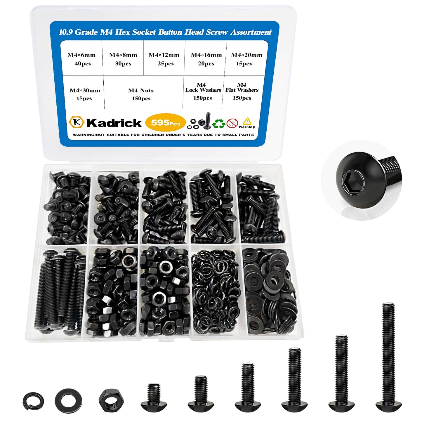 Kadrick 595Pcs M4 Screw Assortment,Machine Screws with Nuts Washers, Grade 10.9 Alloy Steel Hex Socket Button Head Black M4 Bolts Kit,Lenth Form 6mm-30mm