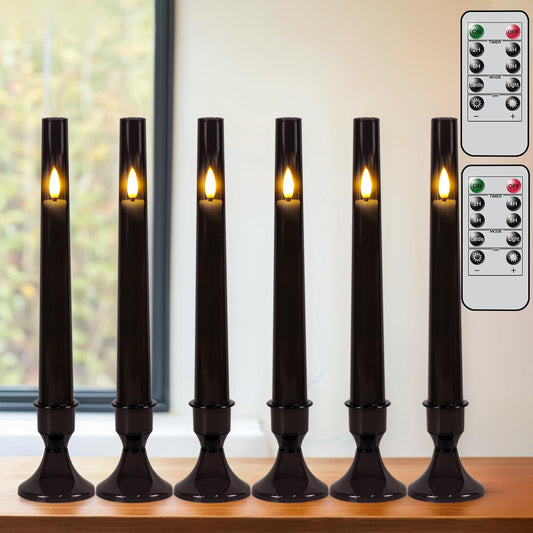 KunSwenn Black Flameless Taper Candles with Remote, Halloween Battery Operated Taper Candles with Base, LED Flameless Battery Candlesticks for Home Holiday Decor(Set of 6, Acrylic Shell)