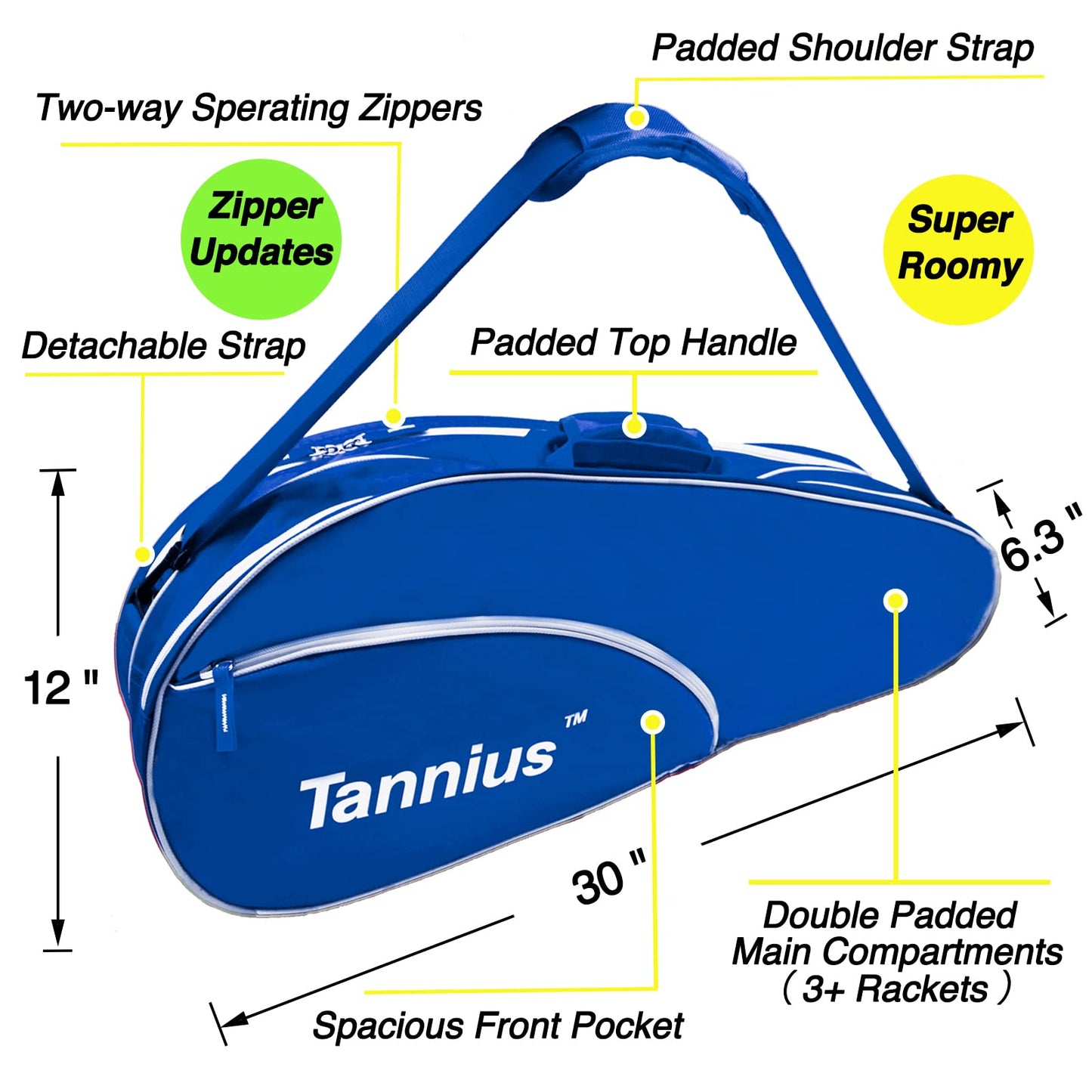 Tannius 3-5 Racket Tennis Bag, with Shoe & Phone Compartment and Protective Pad, Super Roomy and Lightweight Racquet Bag for Tennis, Badminton (Blue)
