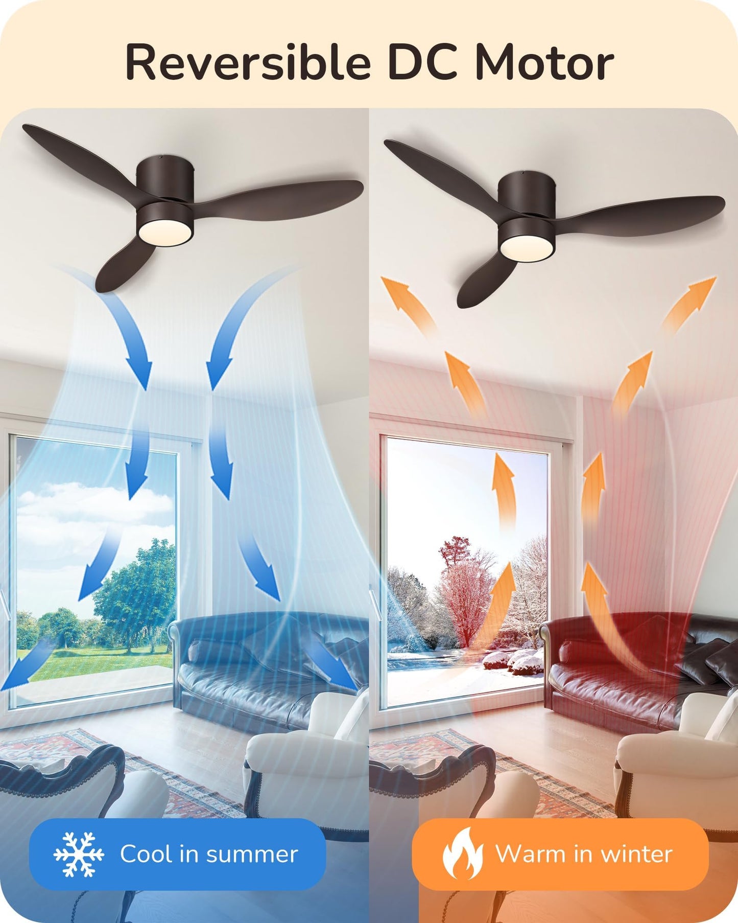 EDISHINE 52" Low Profile Ceiling Fans with Lights, Remote Control, Noiseless, 3CCT LED Dimmable, Reversible DC Motor, Timer, 6 Speeds, Modern Ceiling Fan Flush Mount for Bedroom Living Room, UL Listed