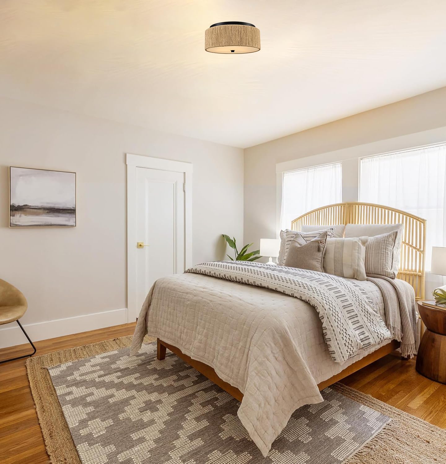 YUBOLE Woven Ceiling Light 3-Light Bohemian Flush Mount Ceiling Light with Paper Hemp Rope Drum Shade for Bedroom Hallway Bathroom Dining Room-Black & Brown