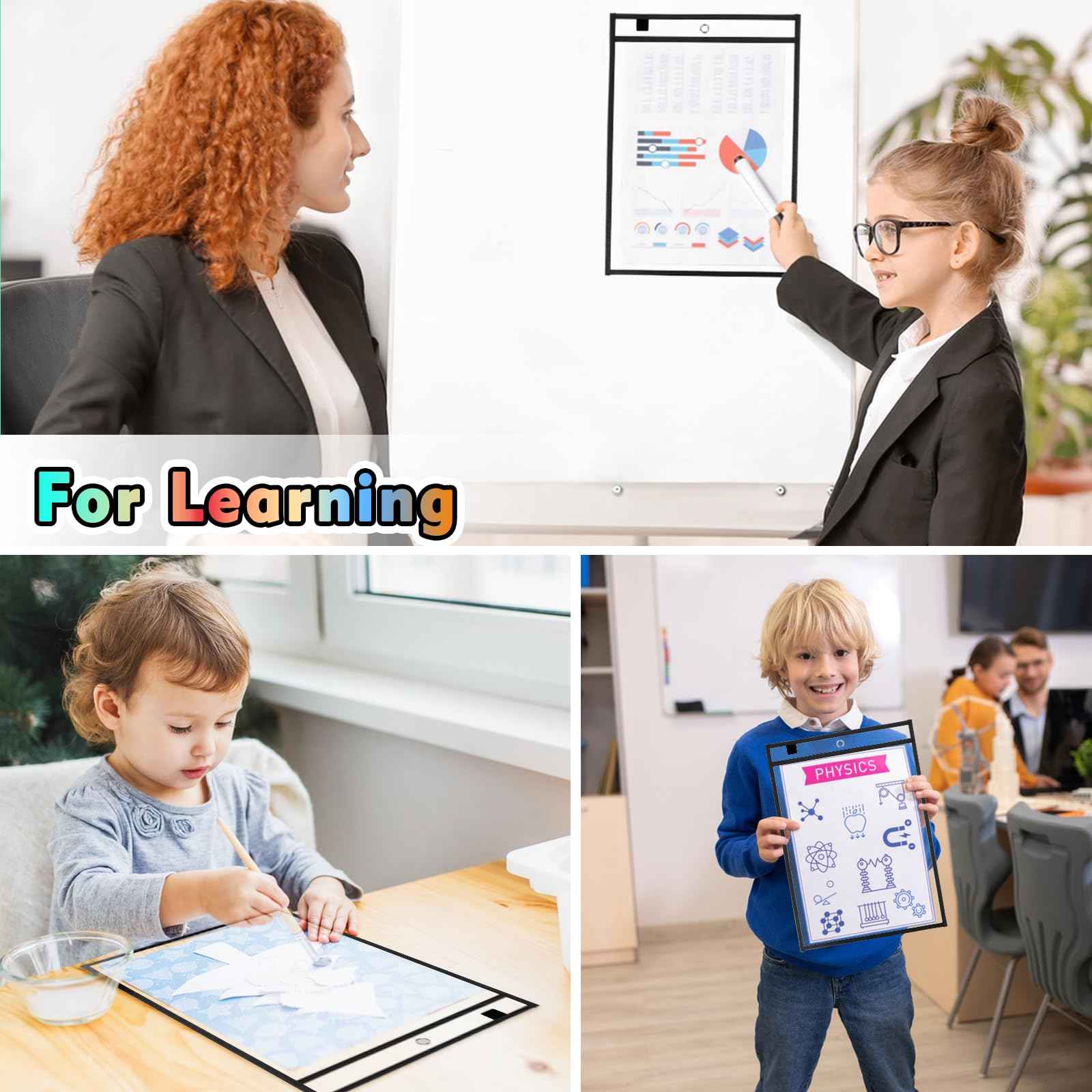 EEHZTSI 50 Packs Dry Erase Pocket Sleeves, Reusable Clear Plastic Classroom Sleeves, 10x14 Inch Ticket Holders, Plastic Sleeves for School/Office Organization Black