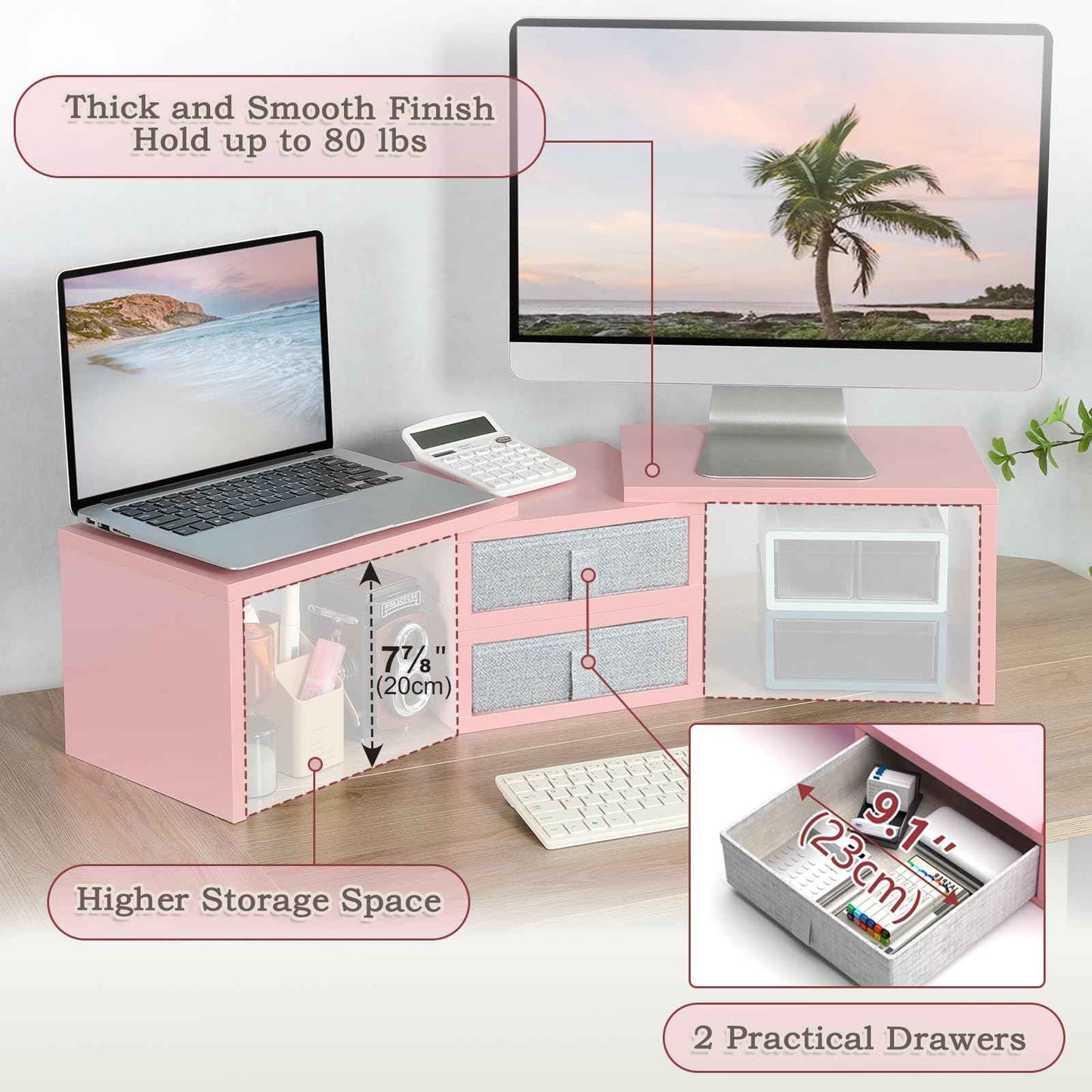 TEAMIX Pink Dual Monitor Stand Riser with 2 Drawers - Length and Angle Adjustable Double Corner Desk Shelf Organizer 37 inch for 2 Laptop/PC/Screen/TV (2 Drawers - 8''H)
