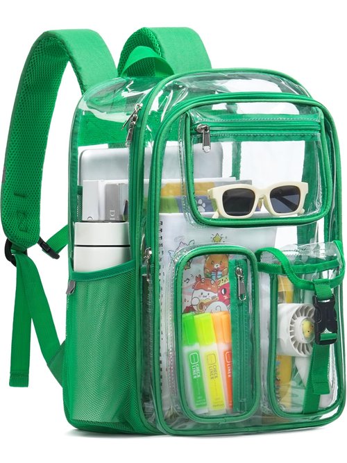 QOECI Double-Layer Clear Backpack Heavy Duty, 17 Inch Large Clear Bookbag, Transparent See Through Backpack For Work, College, Travel, Sport- Green