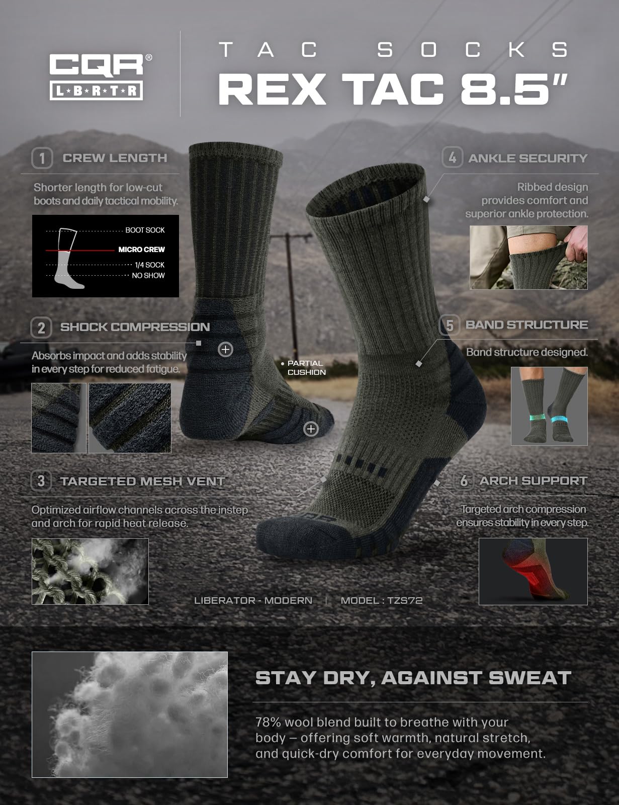 CQR 3 Pack Men and Women Wool Hiking Mid Calf Crew Socks, Moisture Wicking Breathable Outdoor Tactical Cushion boot Socks, Tac 8.5in Soil Green, Medium