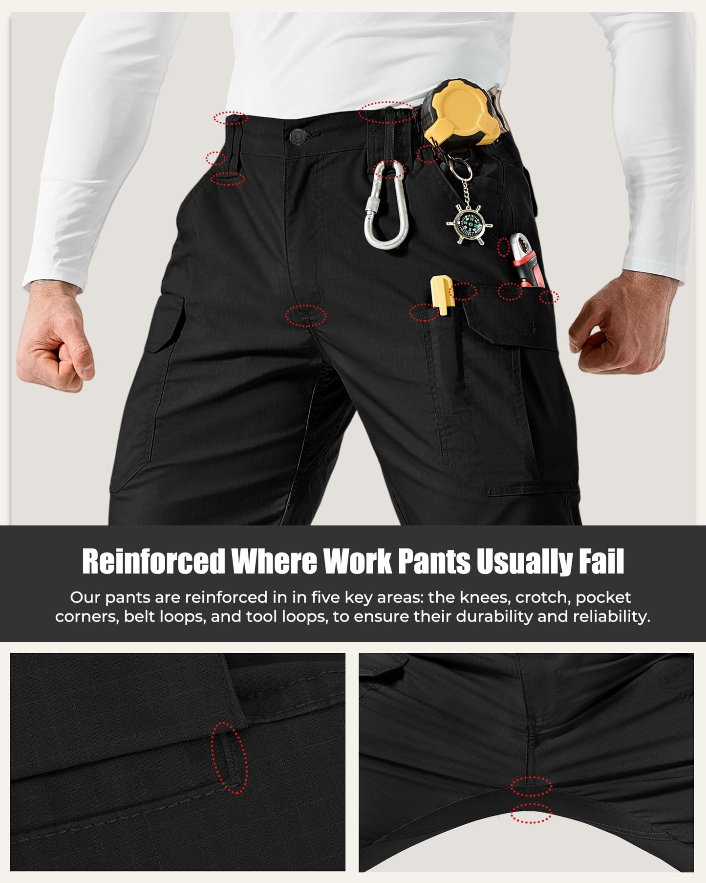 IGOLUMON Ripstop Tactical Work Pants for Men, Stretch Cargo Hiking Pants with 6 Utility Pockets, Reinforced Knees Black