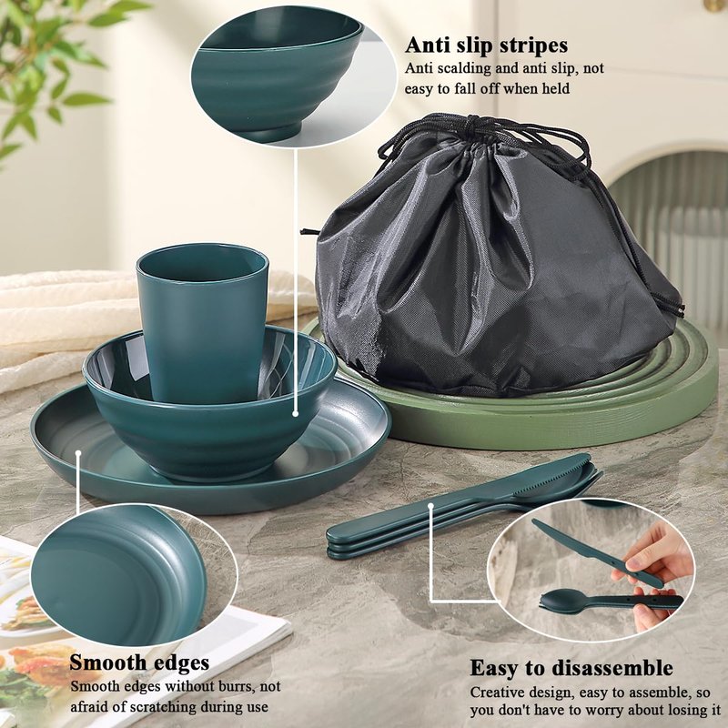 ReaNea Camping Mess Kit for 2 with Bowl, Plate, Cup, Spoon, Fork, Knife and Carry Bag, Plastic Camping Accessories Essentials Gear for Couple Travel, Picnic, Outdoor, Easy to Carry