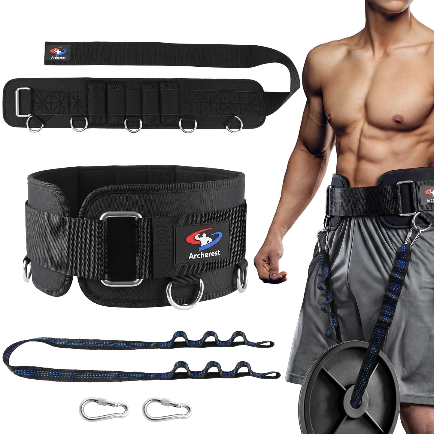 5 D-Rings Weightlifting Belt & Dip Belt with Adjustable 8- Loop 30.7" Nylon Strap, Weighted Gym Belts for Pull Up, Dips,Squat, Powerlifting & Deadlift, Weight Lifting Belt with Structured Back Support