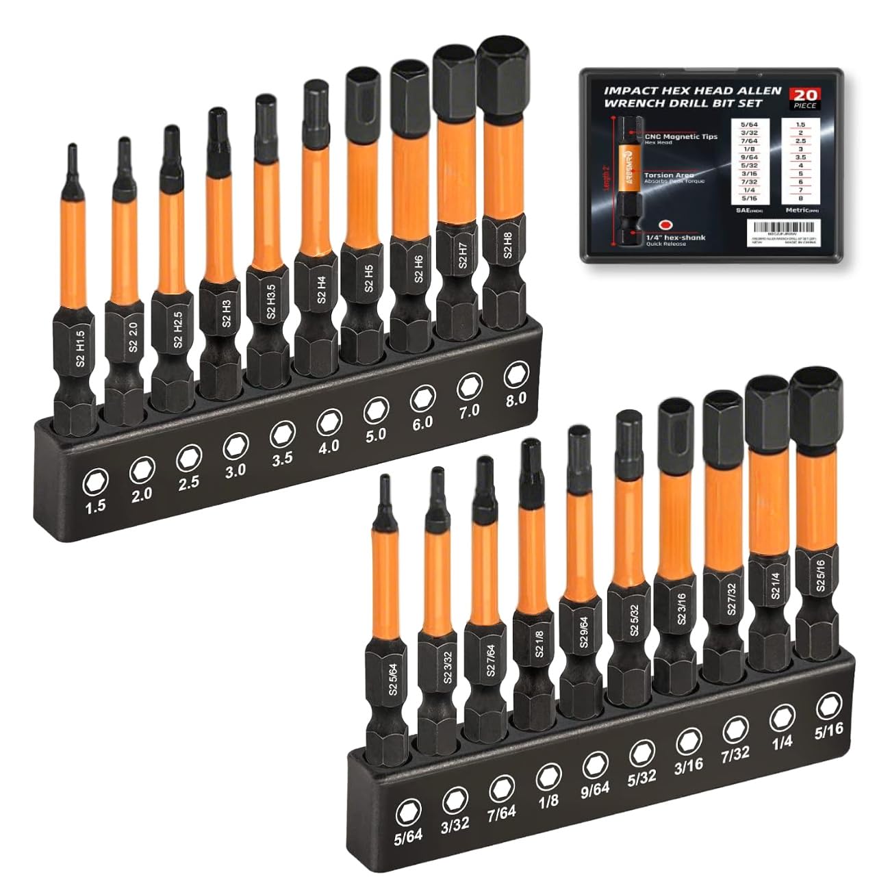 ARESMRO Impact Allen Wrench Drill Bit Set 20pcs (Metric&SAE), 1/4” Hex-Shank S2 Steel Hex Bits Set, CNC Machined Tips with Magnetism, 2” Long with Storage Box