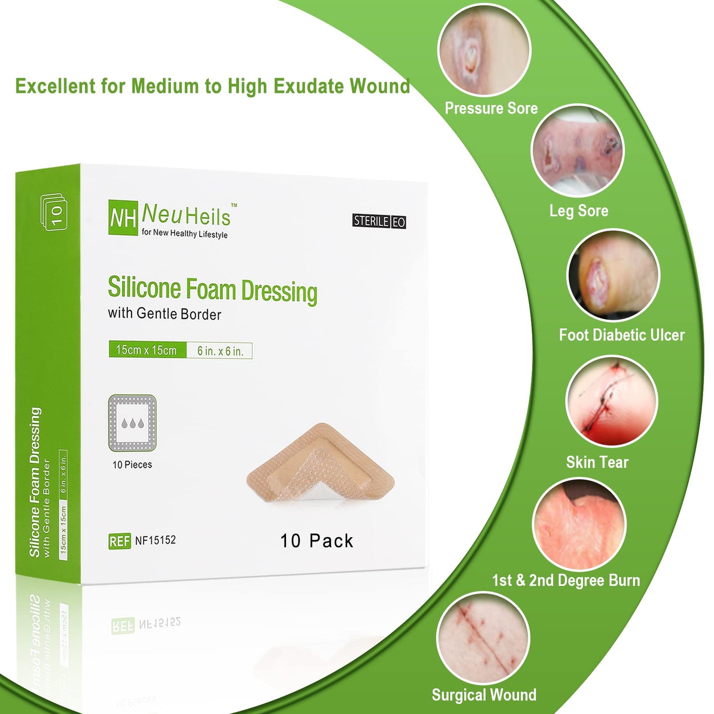 Silicone Adhesive Foam Dressing with Gentle Border 6''x6'', 10 Packs for Bed Sore Leg Ulcer, High Absorbency Waterproof Silicone Wound Bandages by NeuHeils