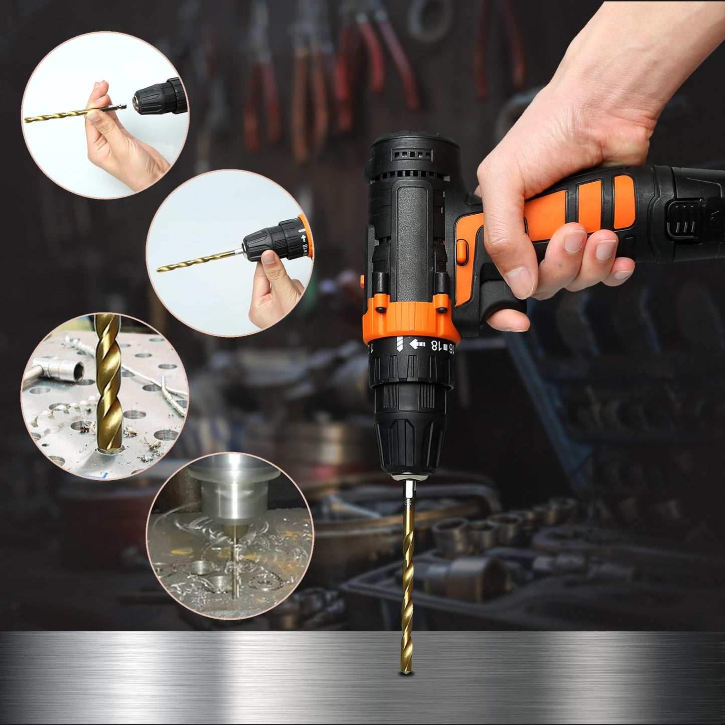 Hex Shank Drill Bit Set, 19Pcs Titanium Twist Drill Bit for Sheet Metal, Wood, Plastic, Quick Change Design (1/16" - 1/4")