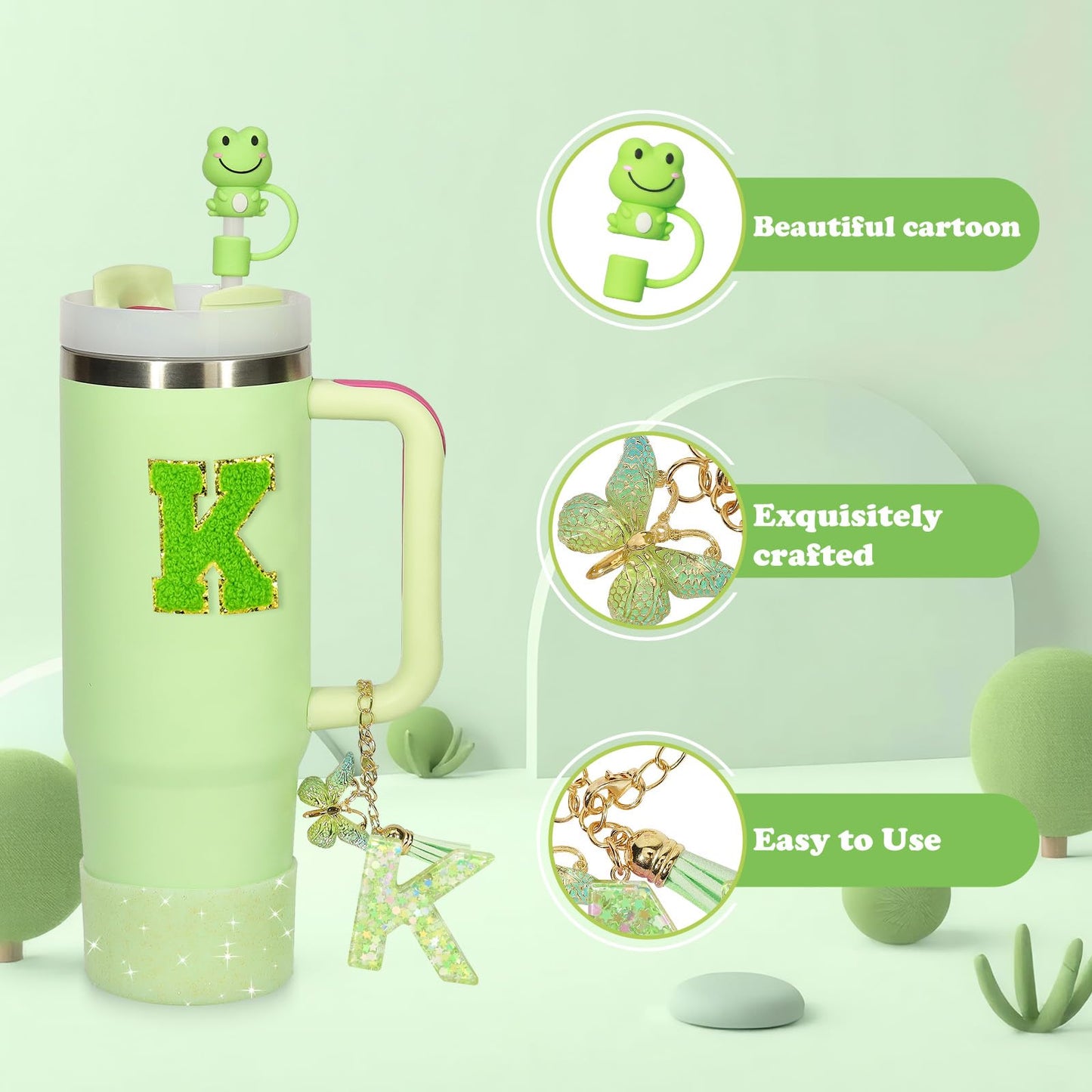 Liangang 8PCS Green Cup Accessories Set For Stanley 30oz 40oz,Including Boot,Spill Proof Stopper,2PCS Stanley Straw Cover and 2PCS Sticker Letter (Letter K)