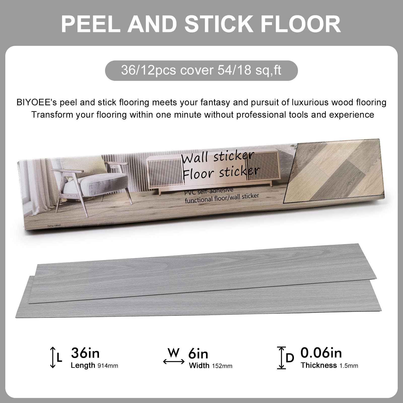 Qianglive Light Grey Peel and Stick Floor Tile 36-Pack 54 Sq.Ft Luxury Thicken Vinyl Wood Plank Self Adhesive Waterproof DIY Flooring for Bedroom Bathroom Living Room
